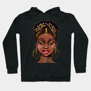 Queen Black is beautiful vi anime manga black woman with gold tiara earrings and necklace Hoodie